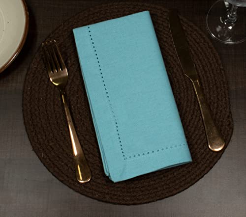 Purpleessences Set Of 12 Hemstitch Cloth Dinner Napkins 100% Cotton - Soft Durable Washable - Solid Easter And Spring Collection Perfect Everyday Use Table Linen Cloth Napkins 18X18 - Aqua Blue #TOP2
