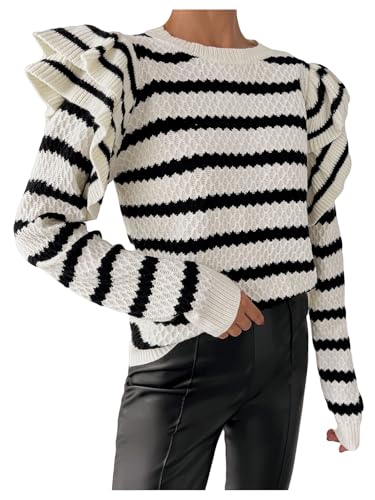 GORGLITTER Women's Striped Ruffle Long Sleeve Sweater Fall Winter Pullover Sweaters Cute Crewneck Knit Tops