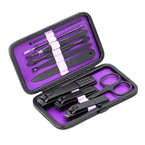 Image of Glamne Manicure Set Nail Clippers Kit Professional Stainless Steel Nail Care Tools with Leather Travel Case 10 in 1 Purple