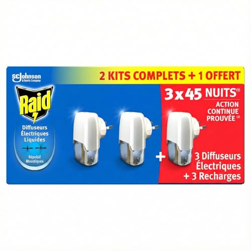 Raid Diffuseur Electrique Liquide - Répulsif Moustiques - 3x45 Nuits - 3 Diffuseurs et 3 Recharges...