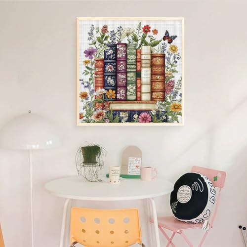 Image of KYOQFVN Flower Stamped Cross Stitch Kits - Book Counted Cross Stitch Kits for Beginners, Needlepoint Cross-Stitch Patterns Dimensions for Home Decor 14x14 Inch