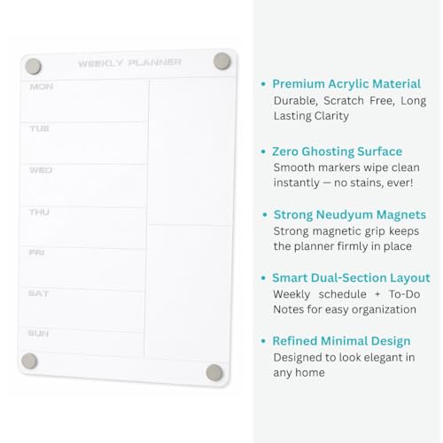 Image of Acrylic Magnetic Weekly Planner - Clear Calendar for Fridge | Magnetic Board for Refrigerator, Weekly Meal Planner Includes 2 Marker Pen | A4 Size (21x30cm)