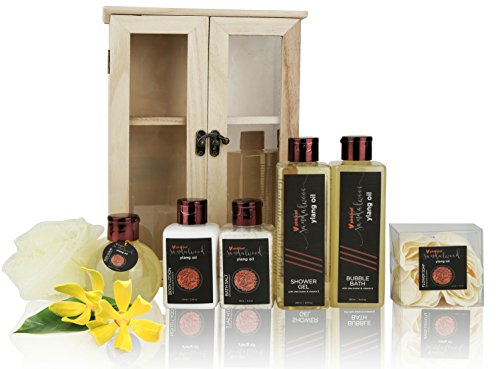 Holiday Gift Basket For Women, Sandalwood Ylang Oil with Shea Butter & Vitamin E, Spa Gift Set, In Wooden Cabinet. 6 Greeting Cards included