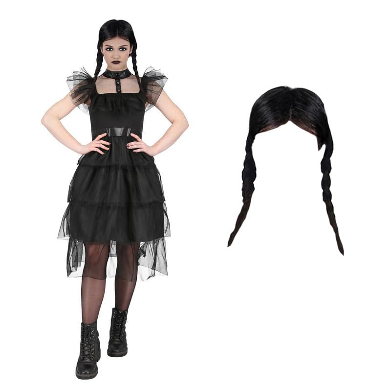 My IllusionsLadies Wednesday Halloween Costume + Wig Gothic Prom Dress Dark Fancy Dress Women's Character Outfit