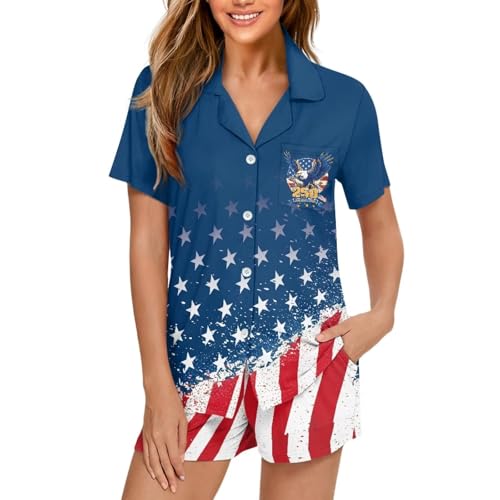 Image of Women's Short Sleeve Sleepwear Button 2 Piece Plus Size Pajamas Casual Soft Stretchy Funny Nightwear with Pockets