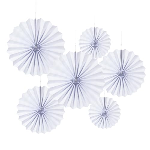 Image of MOWO White Paper Fans Hanging Decoration, 6pc | Birthday, Wedding, Baby Shower, Graduation, Retirement Party