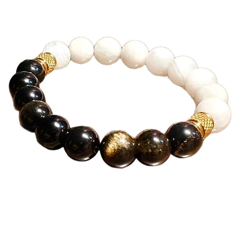Bracelet obsidienne dorée et pierre de lune de 8mm fait main