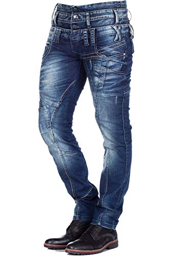 Jean Homme Cipo & Baxx - Denim Stretch - Fermetures éclair - Détails Similicuir - Regular Fit - Bleu/Noir