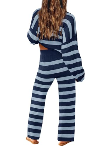 Image of LAMISSCHE Oversized Womens Lounge Set Striped Sweater Set Long Sleeve 2 Piece Pajama Set Top and Pants with Pockets