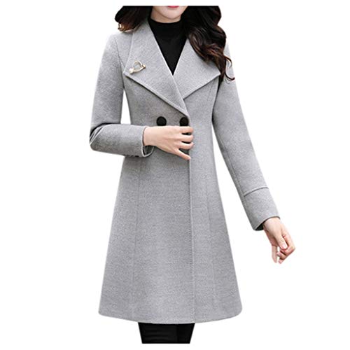 Dainzuy Women's Lapel Double Breasted Winter Coats Cashmere Wool Blend Jacket Warm Trench Outerwear Pea Coat Gray