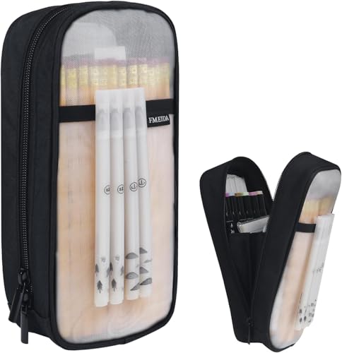 Image of Fmeida Grid Mesh Pencil Case - Upgraded 4 Compartment Pencil Pouch, Clear Adult Pencil Bag Aesthetic Marker Pouch Stationary Bag Office Organizer for College Business Travel - Black&White