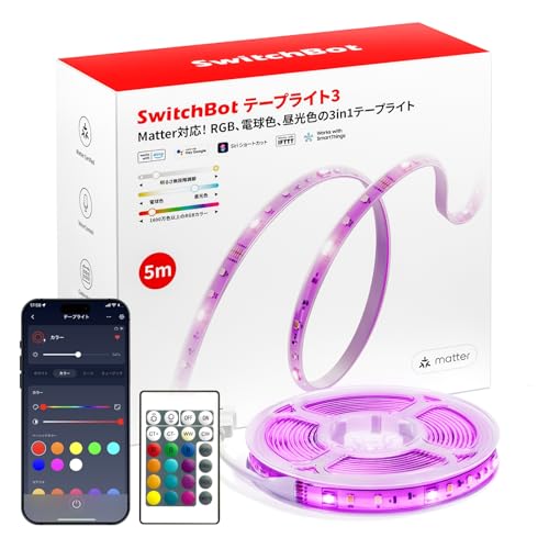 SwitchBot LED e[vCg3 Alexa MatterΉ - XCb`{bg ԐڏƖ RGB 1600F Px dF F F }`J[ iK F Wi-Fi BluetoothɑΉ 5m ؒf\ PUR[eB