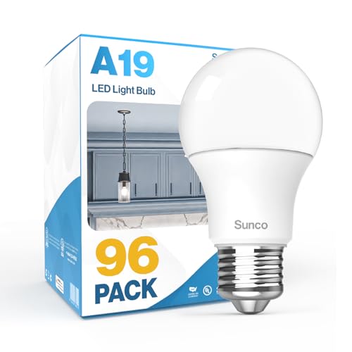 Sunco 96 Pack A19 LED Light Bulbs, [Focos para Casa], E26 Base Lamp Bulb for Bedroom Bathroom, 850 LM, 8W (60W Equivalent), 3000K Warm White, Non-Dimmable, 25000 Lifetime Hours UL