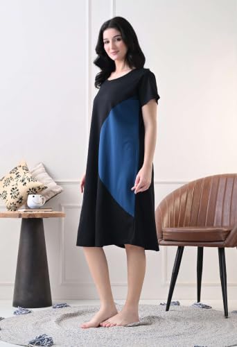 Image of Women's Night Dress Short Sleeve Round Neck Sleepwear with Stylish Contrast Panel, Comfortable Nightwear for Women