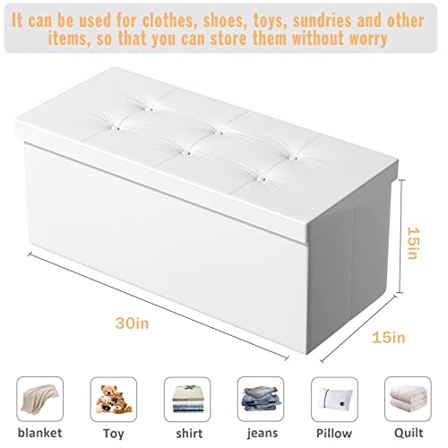Dywmm Folding Leather Storage Ottoman - 30 Inches Long Shoes Bench Faux Leather Foot Rest Stool With Padded Seat Deep Storage Ottoman Bench For Living Room And Bedroom 30X15 X15 Inch White #TOP5
