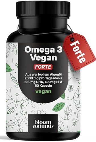 Omega 3 Kapseln Hochdosiert FORTE Vegan - 60 Kapseln - 2000mg Algenöl - 630 mg DHA & 420 mg EPA - Vegan & Produziert in Deutschland - Laborgeprüft - Verpackung kann variieren