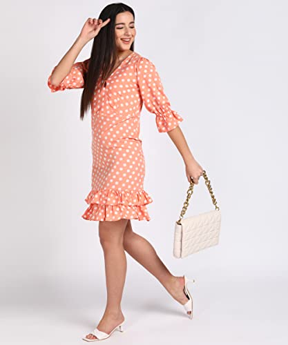 Image of Vahson Bottom 2 Layer Flared Balloon Sleeve V-Neck Dot Printed Short Knee Length Dress for Girls /Women