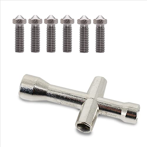 Lot de 6 buses officielles Volcano 0.6mm en Acier inoxydable + clé en croix adaptable 7mm / 5,5mm de diamètre : Kit pour remplacement de buse imprimante 3D FDM Cover