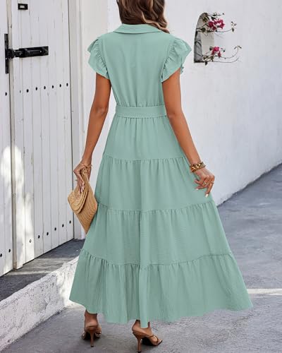 dowerme Women's Summer Casual Dresses 2026 Cap Ruffle Sleeve V Neck Button Belted Tiered Boho Maxi Dress with Pockets(Mint Green,X-Large) — view 5