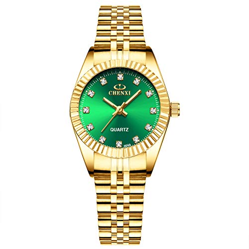 Women Gold Luxury Quartz Analog Watch Stainless Steel Waterproof Diamond Fashion Business Wrist Watches(F-004AGD-GR)