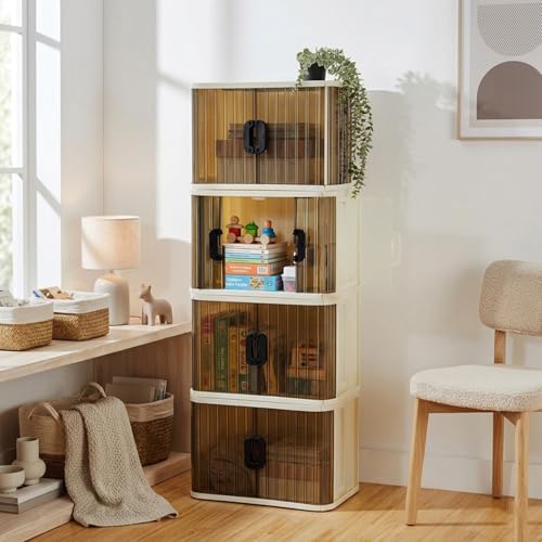 Amazon Basics Plastic Storage Cabinet with Dual Front Doors, Multi-Purpose Organizer for Home, Kitchen & Kids Room, Durable & Lightweight (Medium Size, 4 pic)