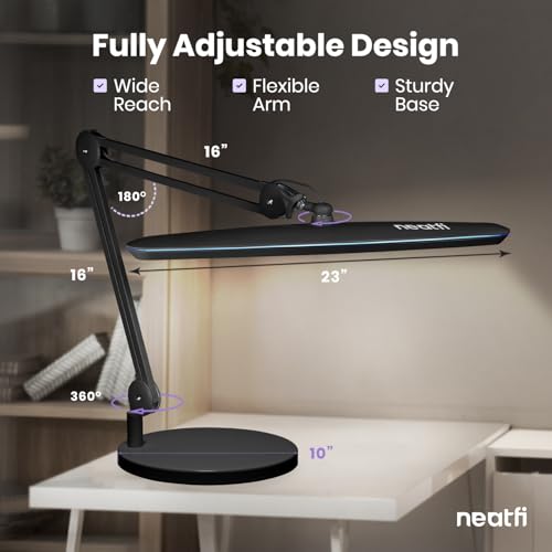 Image of Neatfi XL 2,200 Lumens 20W LED Task Lamp - 23 inch Ultra-Wide Head | 182 SMD LEDs | 4 Brightness Levels | 3 Light Modes | Eye-Caring, Glare-Free | Adjustable Arm (Black, CCT with Base)