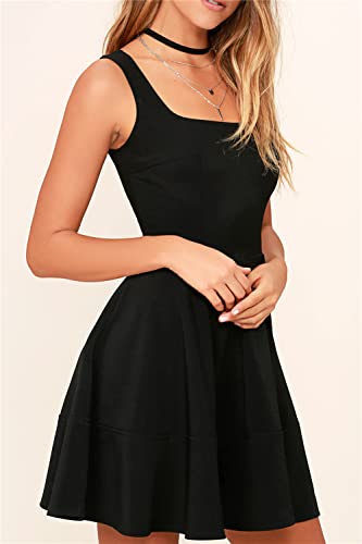Image of FANCYINN Women's Short V-Back Dress U-Neck Inslace Hem Wide Straps Tank Mini Skater Cocktail Dresses