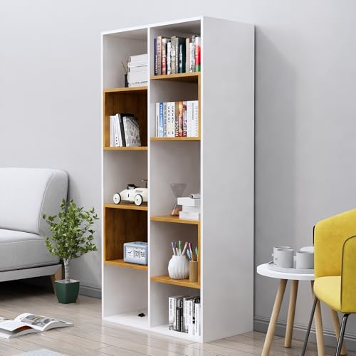 Image of Bniture 10 Tier Engineered Wood Open Book Shelf Wooden Bookshelf for Home, Kids Room & Study Room | Multipurpose Free Stand Corner Book Organizer for Library Room, Office | Frosty White & Giant Wood