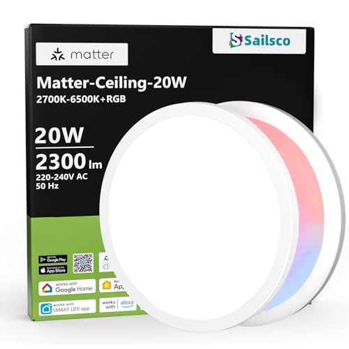 Sailsco - Lámpara de techo LED (20 W, Smart Plafón LED RGB regulable, Sincronizado con música,Control por aplicación y compatibilidad con Matter/HomeKit/Alexa/Google Home-Round