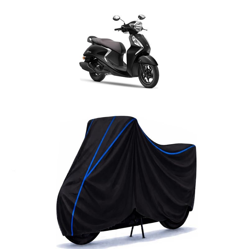 Image of Scooty Cover Water Resistant for Fascino 125 Disc | Universal Scooter & Bike Cover | Heavy Duty UV Dust, Rain & Scratch Protection | Elastic Fit All Weather Indoor Outdoor | Black with Blue Piping