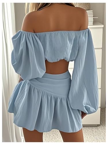 SOLY HUX Women's Skirt Sets 2 Piece Outfits Off The Shoulder Bishop Long Sleeve Crop Tops and Bow Tie Ruffle Mini Skirt2