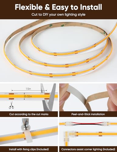 Image of COB LED Strip Lights 2700K Warm White with DC24V UL Listed Adapter | Music Sync LED Lights Remote App Control 16.4ft /5m CRI90+ Ultra Bright LED Rope Lights for Home Bedroom Cabinet DIY Lighting