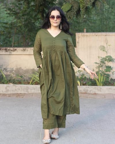 Image of Anarkali Kurta Pant Set for Women Long Flared V-Neck Kurta | Office & Casual Wear | 3 /4 Sleeve | Button Front | Karwa Chauth & Diwali Special Office wear