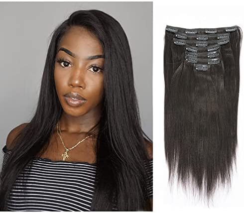 Lacer Light Yaki Clip in Hair Extensions, Remy Human Hair Natural Black Thick Yaki Straight Clip ins for African American Woman Relaxed Hair 7 Pieces 120 Gram Per Set 14 inch