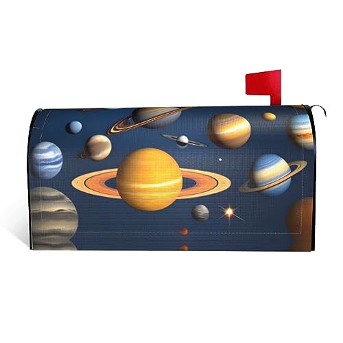 Solar System Planets It is a Waterproof Fabric Mailbox Cover with a Print on one Side and a Curved Opening on one Side.