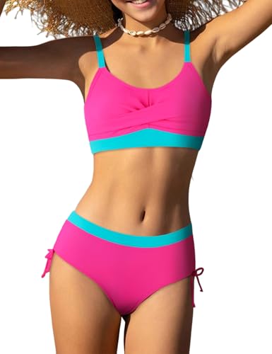 Girls' Swimwear 2PCS Suits Color Block Top with Bikini Teen Bathing Suits for Girls