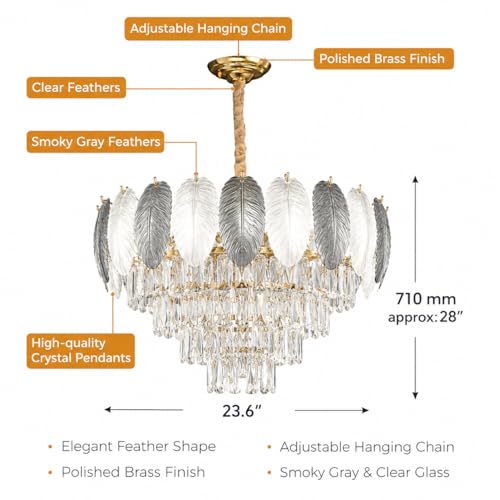 Image of DREAMY DESIGNS Feather Chandelier for Living Room | Modern Hanging Ceiling Light for Hall, Dining Room, Bedroom, Hotel & Restaurant Decor | Elegant Feather Pendant Light (Silver, Black)