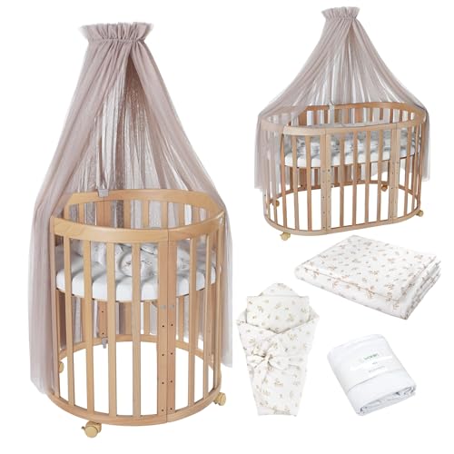 Waldin Oval Baby-Bett Mitwachsend Komplett Set 7in1, Gitterbett, Kinderbett mit Matratze, Wickelkommode, Beistellbett, Holz Natur, Stoffe Taupe Zweige