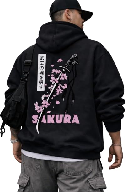 Mens Fleece Japanese Graphic Hoodies, Fashion Pullover Sweatshirt with Hood, Casual Long…