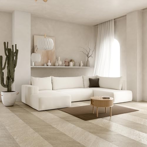 LETTO - Sofá esquinero convertible en cama de tela de moda, ángulo recto con baúl de almacenamiento (blanco roto, ángulo U)