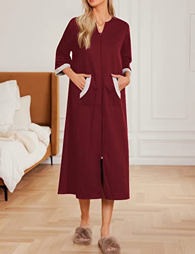 Image of Ekouaer Women Zipper Robe 3 /4 Sleeves Loungewear Dress Full Length Sleepwear Pockets Housecoat Nightgown Long Bathrobe