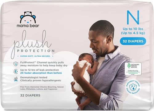 Image of Amazon Brand - Mama Bear Plush Protection Diapers, Keeps Baby Dry, Skin Safe, Leakproof, Size Newborn, 32 Count, Hypoallergenic Premium Disposable Baby Diapers, White and Cloud Dreams