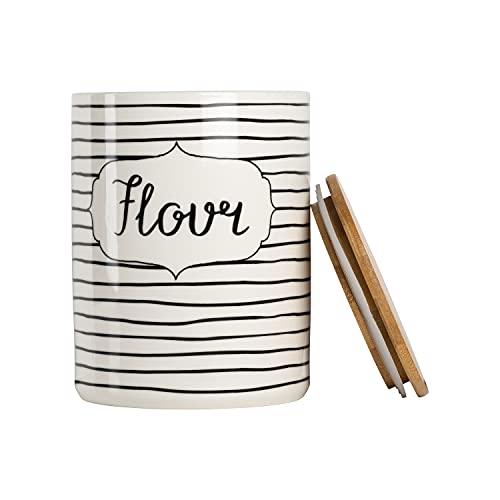 Image of 10 Strawberry Street Labeled Ceramic Kitchen Canister Set, Set of 3, Coffee Sugar Flour, White /Black, Bamboo Lids