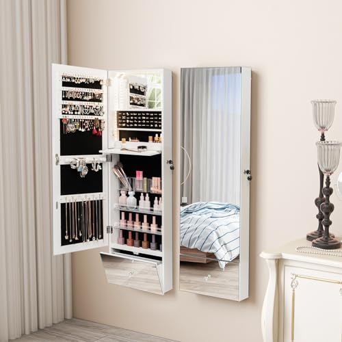Armario para joyas con espejo y luces LED HOMASIS de pared blanco 3