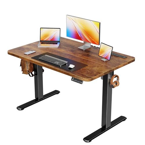 Image of Huuger Electric Standing Desk with Power Outlets and USB-C Port, 39 X 24 Inch Height Adjustable Desk, Sit Stand Desk for Home Office, Computer & Gaming Desk with 4 Presets, Rustic Brown