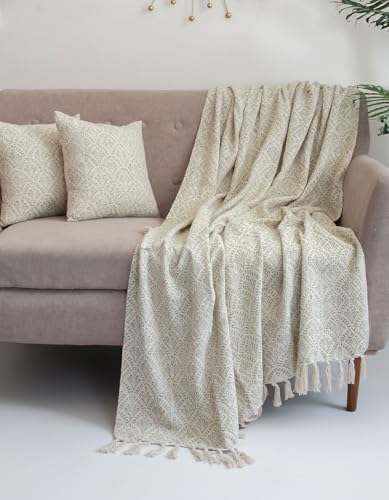 Image of Handwoven Cotton Sofa Throw Blanket with Tassels 50x70 Inches Lightweight Decorative Couch & Bed Throw (Pack of 1, Leaf Pattern)