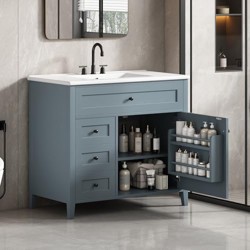 Image of 36 inch Bathroom Vanities with Top Set, Cabinet with Multi-Functional Tip-Out Drawer and Adjustable Shelf, Soft-Closing Door, Solid Wood Legs, Blue Gray