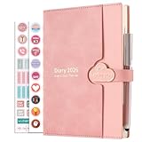 Mcdsuc A5 Daily Planner Diary 2026, Day Per Page Organiser, Productivity Planner from January 2026-December 2026, Hardcover with Colour Side Tabs, Pen and Stickers, 3Bookmarks (Pink, A5)