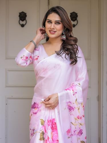 Image of ALMAARI FASHION Women's Floral Printed Georgette Satin Saree with Unstitched Blouse Piece | Traditional Ethnic Wear Sarees | Soft Lightweight Ethnic Office Wear Daily Wear Indian Sari (SG 181-190 F)