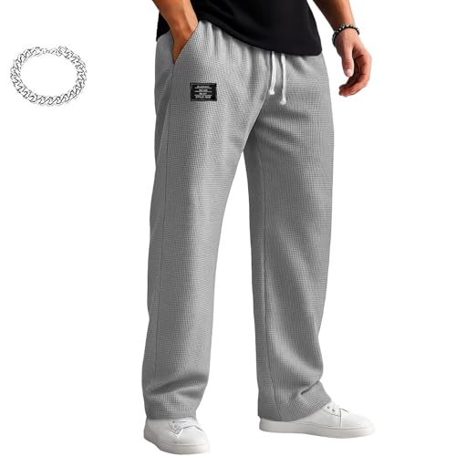 Mokaloha Mens Waffle Pants, Men's Casual Waffle Embroidered Logo Elastic Waist Loose and Comfortable Trousers